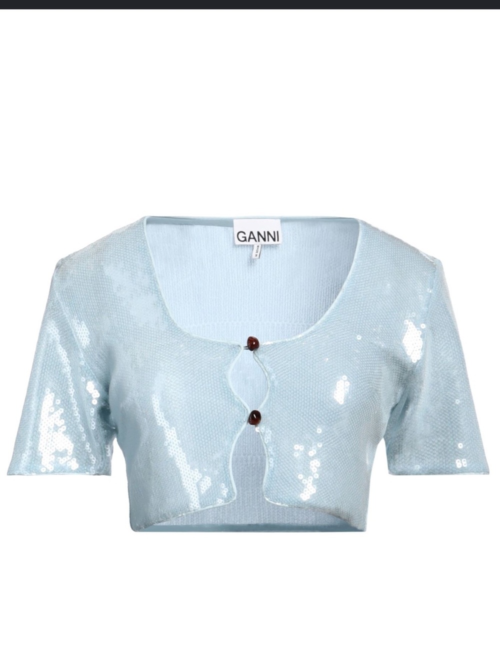 Ganni Pale Blue Cropped Sequined Tulle Cardigan Top